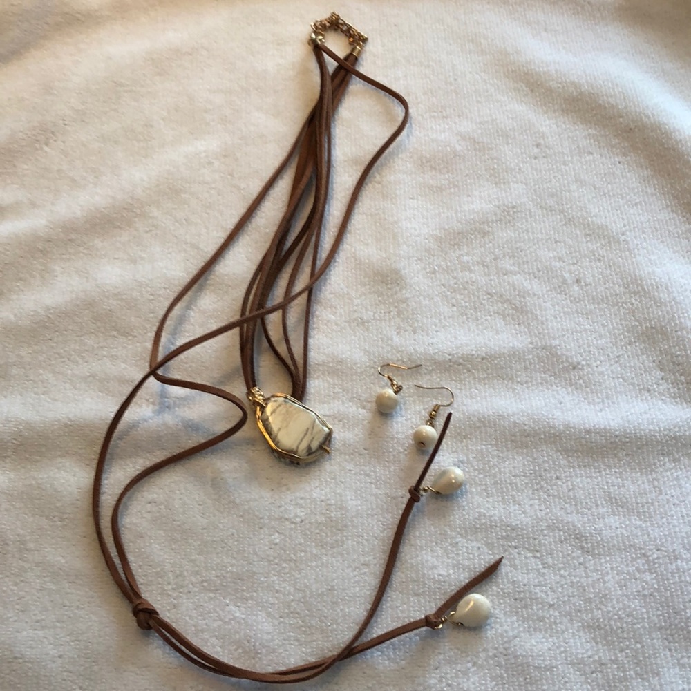Leather and stones- Necklace & Matching Earrings